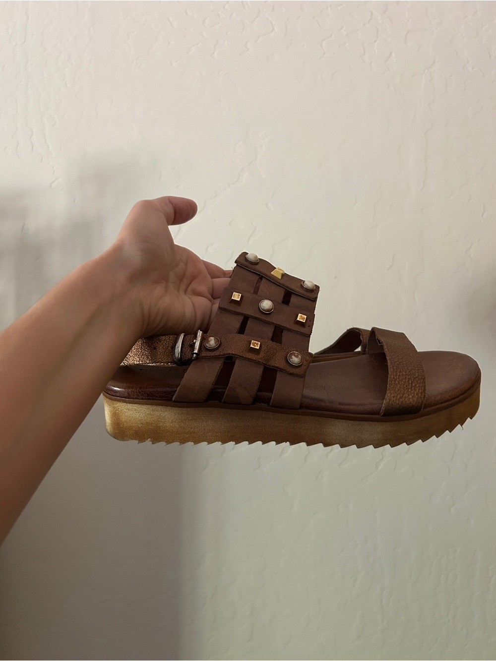 Piranha Italia Brown Leather Studded Platform Sandals Size 8